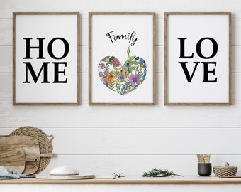 Family sign, Printable Wall Art, Set of 3, Family Love Quote, Bedroom Wall Art, Living Room Decor, Botanical Watercolor Heart,