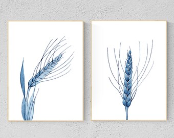 Set of 2 Prints, Farmhouse Prints, Printable Wall Art, Large Wall Art, Blue Spike of Wheat Watercolor, Rustic Wall Art