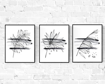 Print Set of 3 Prints, Black and White, Botanical Leaves Wall Art, 11x14 In, Printable Wall Art, Watercolor and Drawing Print Set