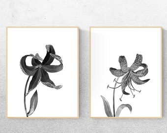 Set of 2 Prints, Modern Prints, Printable Wall Art, Black Botanical Wall Hangings,