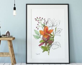 Botanical Printable, Orange Flower Wall Art,  Watercolor painting and drawing , Instant Download Printable Art,