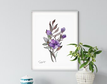 Watercolor printable, Purple Flowers Wall Art, Botanic Painting and Drawing , Instant Download, Home Office Decor