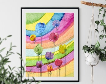 Colorful Flowers and Rainbow Printable  Wall Art, Watercolor painting and drawing , Instant Download,,