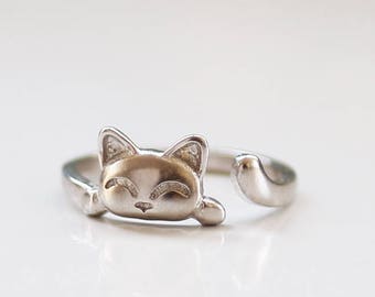 Cat ring, Adjustable ring, silver or gold cat ring, open ring, cat lover gift , cat jewelry, kitty jewelry, dainty ring,