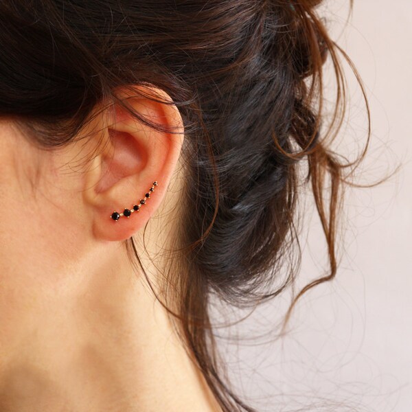 Gold Ear cuff  with crystal or black Cubic Zirconia Gemstone , Ear Climber , Delicate earrings ,