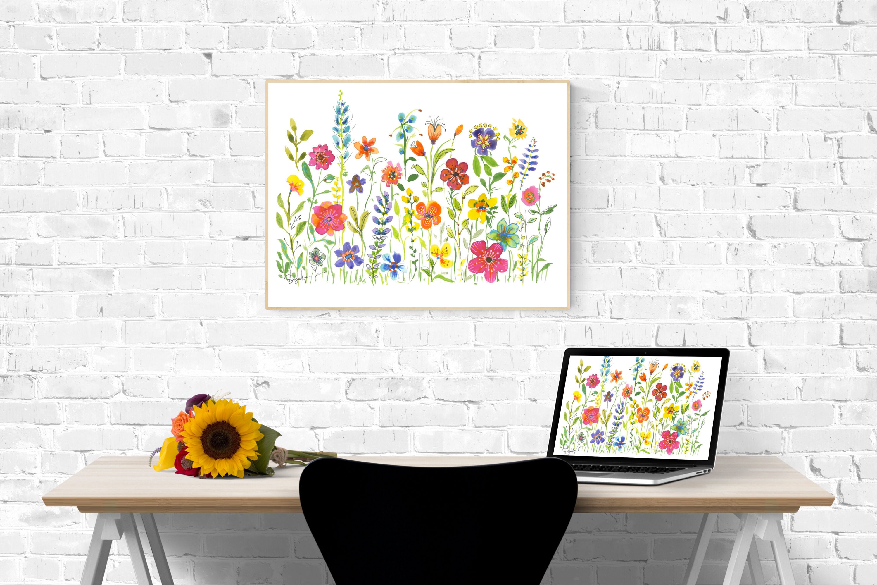 Colorful Wildflowers Wall Art Digital Watercolor Flower Etsy