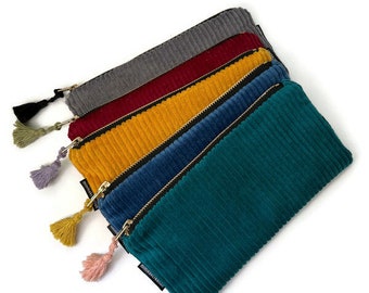 Oblong Pencil case with wide wales corduroy/ zip purse/ flat pouch/vegan