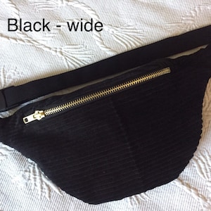 2 Größen Schwarze Bauchtasche nach Maß in breitem Cord 18/20/22 cm Silber/Goldener Reißverschluss - Fanny Packs/ Gürteltasche/ Vegan
