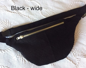 2 Größen Schwarze Bauchtasche in Breitcord 18/20/22cm Silber/Goldener Reißverschluss - Fanny Packs/ Gürteltasche/ Vegan