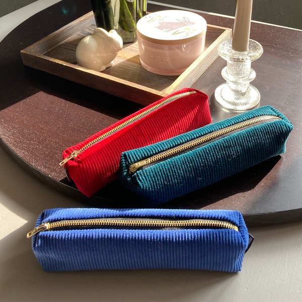 Corduroy Box Pencil Case, Zip Pouch / Project pouch/ Travel Pouch/ Eco-Friendly Product/ Vegan/ in solid Colours