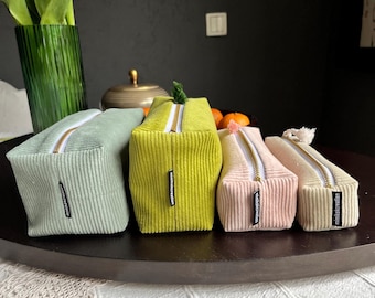 Medium wales Light soft colored Corduroy Box Pencil Case, Toiletry- / Specs-/ Project-/ Travel Pouch/ Vegan/ Bespoke/ 4 sizes