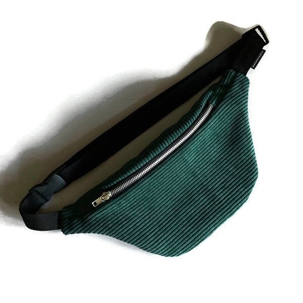 2 sizes Dark Green Bumbag in wide wales Corduroy 18/20/22cm Golden/Silver zip - Fanny Packs / Belt Bag/ Vegan