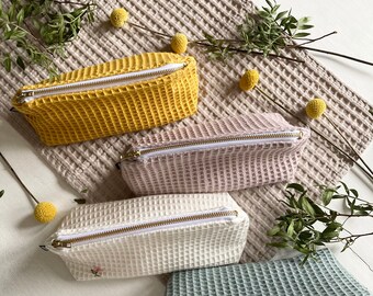 Large Size Waffle Weave Cotton Broad Base zip Pouch, Makeup Bag, Cosmetic Bag Zip Pouch, Eco-Friendly Toiletry Bag, Linen Utilities, Vegan