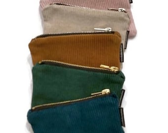 Mini zip purse, medium wales corduroy zip purse, YKK zip for cards/coins/bills/ jewellery/ vegan