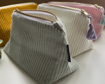 Große Cord-Beuteltasche mit Reißverschluss, Make-up-Tasche, Kosmetiktasche, umweltfreundliche Kulturtasche für Frauen, Leinen und Vegan