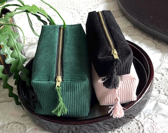 Corduroy Box Pencil Case, Zip Pouch, Primary Colors, Cotton Fabric, Handmade Organizer, Bespoke, Vegan