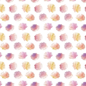 May include: A repeating pattern of watercolor seashells in shades of pink, orange, yellow, and purple on a white background. The shells are arranged in a grid-like fashion, creating a visually appealing and cohesive design. The overall aesthetic is soft and delicate.