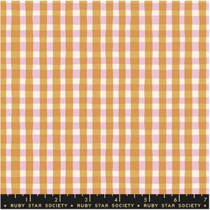 May include: Fabric with a repeating gingham pattern in shades of gold, pink, and cream. The design features vertical and horizontal lines creating a checkered effect. The text "RUBY STAR SOCIETY" is printed at the bottom.