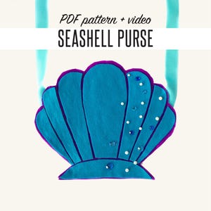 May include: A turquoise seashell purse with a purple outline and embellished with white and clear beads. The purse has a turquoise strap and the text "PDF pattern + video SEASHELL PURSE". The Fashion Camp logo is in the upper left corner.