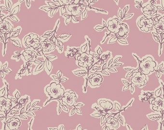 May include: A fabric with a repeating floral pattern. The design features cream-coloured rose illustrations with dark purple outlines on a dusty rose background. The pattern includes branches, leaves, and multiple rose blooms. The image includes a ruler with inch measurements.