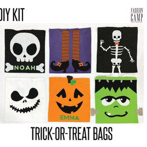 Peut inclure: Kit de bricolage pour faire des sacs de bonbons d'Halloween. Le kit comprend six motifs diff&eacute;rents&nbsp;: un cr&acirc;ne avec le nom &laquo;&nbsp;Noah&nbsp;&raquo;, une citrouille avec le nom &laquo;&nbsp;Emma&nbsp;&raquo;, un squelette, des jambes de sorci&egrave;re, un monstre de Frankenstein et un personnage inspir&eacute; de Jack Skellington.