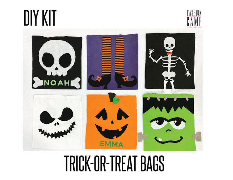 Peut inclure: Kit de bricolage pour faire des sacs de bonbons d'Halloween. Le kit comprend six motifs diff&eacute;rents&nbsp;: un cr&acirc;ne avec le nom &laquo;&nbsp;Noah&nbsp;&raquo;, une citrouille avec le nom &laquo;&nbsp;Emma&nbsp;&raquo;, un squelette, des jambes de sorci&egrave;re, un monstre de Frankenstein et un personnage inspir&eacute; de Jack Skellington.