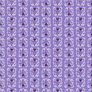May include: A repeating pattern of tiger faces in shades of purple and white. The tiger faces are evenly spaced across a solid purple background. The design is symmetrical and creates a visually appealing, repeating motif.