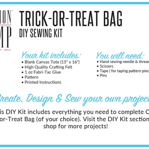 Peut inclure: Un kit de couture DIY pour r&eacute;aliser un sac de bonbons d'Halloween. Le kit comprend un tote en toile vierge de 38 cm x 41 cm, du feutre de cr&eacute;ation, de la colle Fabri-Tac, un patron et des instructions imprim&eacute;es. Vous aurez &eacute;galement besoin d'une aiguille &agrave; coudre et de fil, de ciseaux, de ruban adh&eacute;sif et d'&eacute;pingles.