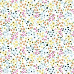 May include: A seamless pattern featuring a white background with a repeating design of small, colorful flowers. The flowers are in shades of yellow, blue, pink, and orange. The pattern is perfect for use in fabric, wallpaper, or other decorative applications.