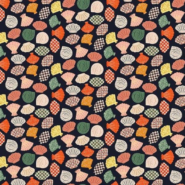 Tela de conchas / Telas Dear Stella / Marinero / Estampado de conchas / Tejido de algodón / Yardas continuas / Por 1/2 yarda