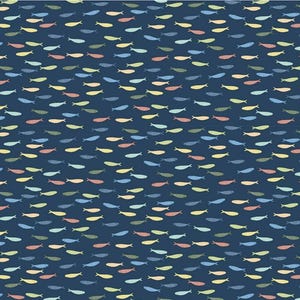 May include: A navy blue fabric with a repeating pattern of small, stylized fish in various colors, including yellow, blue, red, and green. The fish are arranged in a dense, all-over design, creating a textured appearance.