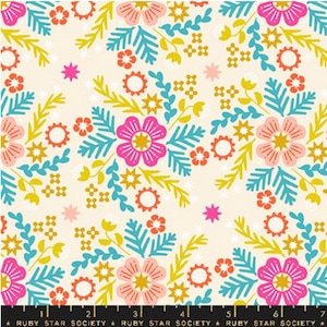 Retro Floral Cotton Fabric: Pink Teal Wildflower Print