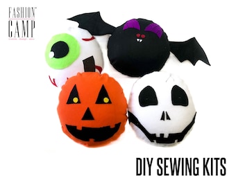 DIY Spooky Pillow Craft Kit for Kids | 12"" Felt Round Pillow | Eyeball Bat Pumpkin or Skull Pillow | Kid Sewing Project | Halloween Kit DIY