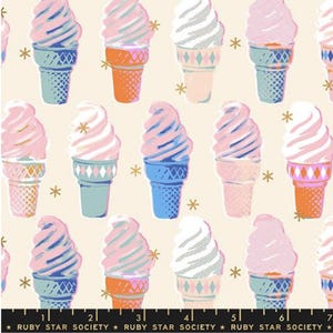 May include: A repeating pattern of colorful ice cream cones on a cream background. The ice cream cones feature pink, blue, and white soft serve with various cone colors and decorative details. Gold star accents are scattered throughout the design.