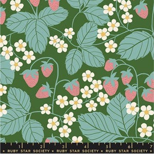 May include: A fabric pattern featuring strawberries, white flowers, and blue-green leaves on a dark green background. The strawberries are pink with green tops. The text "RUBY STAR SOCIETY" is at the bottom.