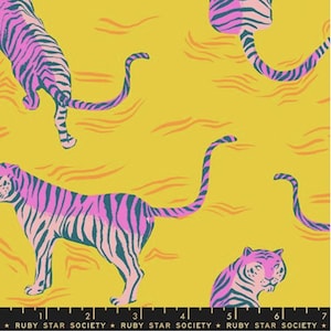 May include: Fabric with a repeating pattern of stylized tigers in pink and teal stripes on a yellow background. The tigers are in various poses, with some walking and others looking towards the viewer. The fabric has a ruler at the bottom with the text "RUBY STAR SOCIETY".