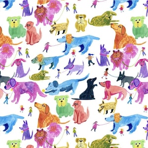 Regenbogen Hund Aquarell Druck Stoff | Liebe Stella Fabrics | Big Dog Walk | Neuheit Hundedruck | Baumwolle Webstoff | Fortlaufende Meterware