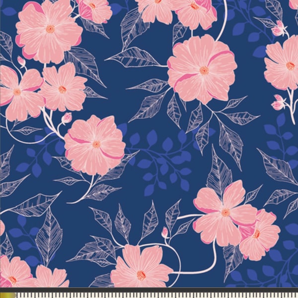 Midnight Garden Fabric | Art Gallery Fabric Flowerette | Blue Pink Floral | Navy Blush Floral | Cotton Woven | Continuous Yardage