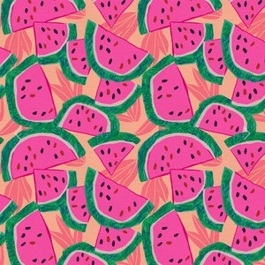 Pink and Green Watermelons on Coral Fabric | Paintbrush Studio | Fruit Stand Collection | Modern Fruit | Cotton Woven | Continuous Yardage