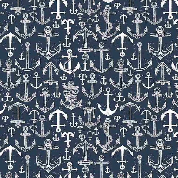 Anchors Fabric | Dear Stella Fabric Anchors Aweigh Bootylicious | Navy Blue Anchor Printed Cotton | Boat Fabric | Nautical Fabric | 1/2 Yard