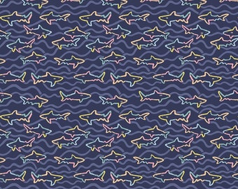 Haifisch Stoff | Liebe Stella Fabrics | Hai Seite | Bunte Haie | Baumwolle Webstoff | Fortlaufende Meterware | Durch die 1/2 Yard