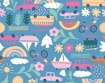 Summertime Fabric | Dear Stella Summer of Love Fabric | Campers Fabric | Sailboats Fabric | 1960's Summer Fabric | Cotton Woven | 1/2 Yard