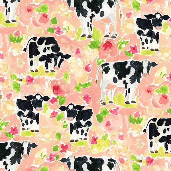 Cow Fabric | Dear Stella Like No Udder Cow Fabric | Pink Floral Cow Print Fabric | Cows Quilting Fabric | Cotton Woven | 1/2 Yard