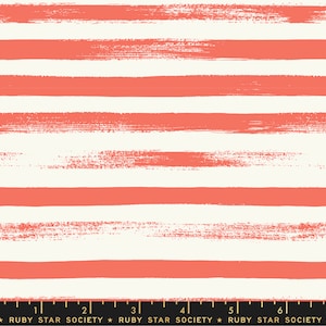 May include: White and coral pink horizontal stripes with a textured brushstroke effect. The fabric is a repeating pattern of stripes.