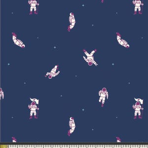 May include: Dark blue fabric with a repeating pattern of white and purple astronauts floating in space. Some astronauts hold flags. Small white stars are scattered across the background. The pattern repeats across the fabric.