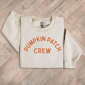 May include: A cream colored sweatshirt with the text "Pumpkin Patch Crew" in orange.