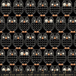 以下が含まれることがあります： オレンジ色の足を持つ白いフクロウが繰り返しパターンで描かれた黒い生地。フクロウは目を閉じ、胸に三日月形をしています。生地には「RUBY STAR SOCIETY」という文字が印刷された定規があります。