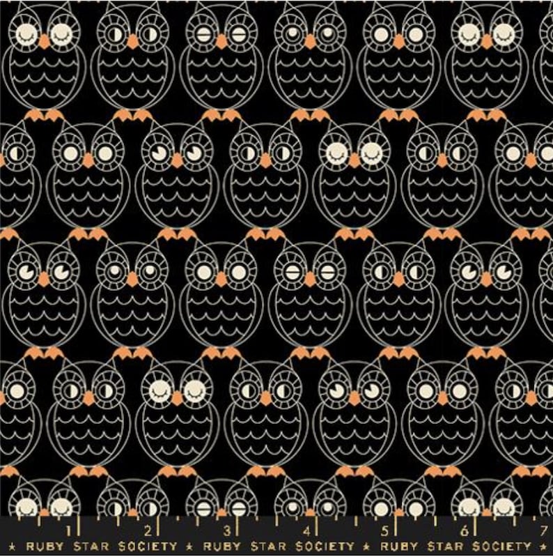 以下が含まれることがあります： オレンジ色の足を持つ白いフクロウが繰り返しパターンで描かれた黒い生地。フクロウは目を閉じ、胸に三日月形をしています。生地には「RUBY STAR SOCIETY」という文字が印刷された定規があります。