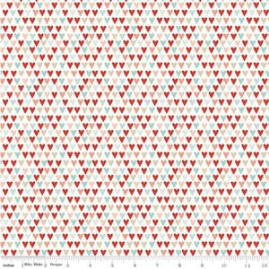 Hearts Cream Fabric | Riley Blake | You & Me Collection | Valentine Red Pink Blue Hearts | Cotton Woven Quilting Fabric | Continuous Yardage