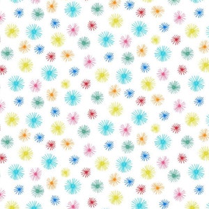 White Star Burst Fabric | Dear Stella Fabrics To The Moon Collection | White Yellow Blue Pink Green | Cotton Woven | By The 1/2 Yard